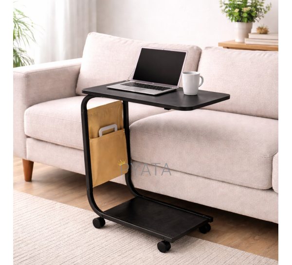 Журнальний столик С-подібний мобільний на колесах компактний приліжковий, Чорний (626/VEN-1394)