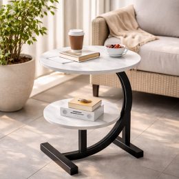 Приліжковий журнальний столик білий мармур 40×30×60 см дворівневий приставний сучасний(626/VEN-1393-С45/2)