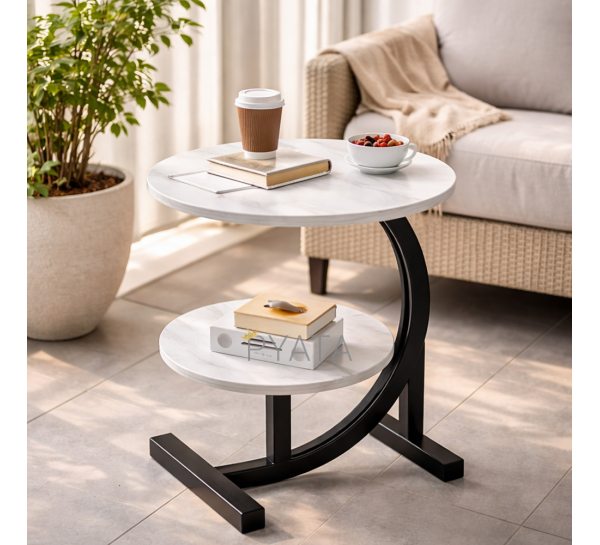 Приліжковий журнальний столик білий мармур 40×30×60 см дворівневий приставний сучасний(626/VEN-1393-С45/2)