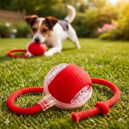 Розумний інтерактивний м’яч для тварин з LED, акумулятором і мотузкою-дражнилкою, Червоний(626/VEN-1433-С45/2)