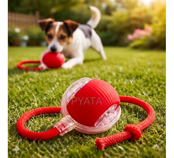 Розумний інтерактивний м’яч для тварин з LED, акумулятором і мотузкою-дражнилкою, Червоний(626/VEN-1433-С45/2)