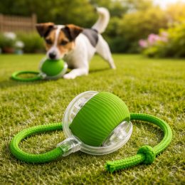 Розумний інтерактивний м’яч для тварин з LED, акумулятором і мотузкою-дражнилкою, Зелений(626/VEN-1433-С45/2)