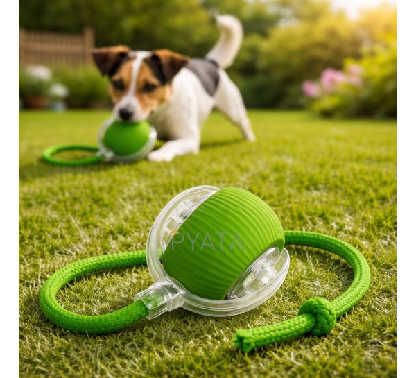 Розумний інтерактивний м’яч для тварин з LED, акумулятором і мотузкою-дражнилкою, Зелений(626/VEN-1433-С45/2)