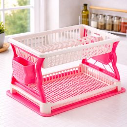 Сушарка для посуду пластикова Plast 43×29 см настільна з піддоном для 19 тарілок, Молочно-малиновий (DRK)