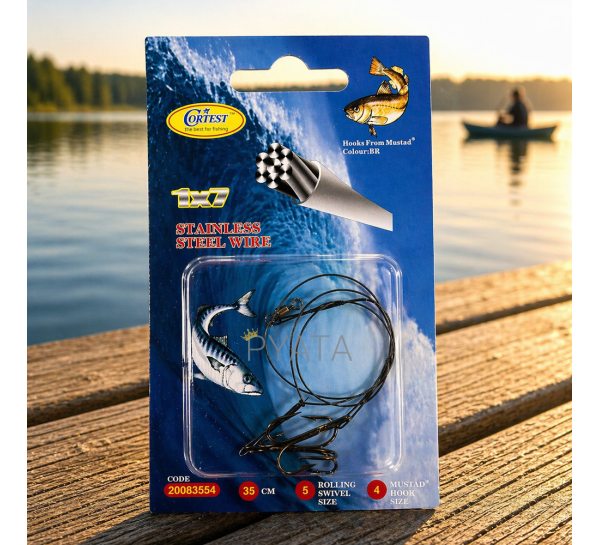 Повідець рибальський Cortest 35 см 2 потрійні гачки Size 4 Stainless Steel Wire 1x7, максимальна стійкість