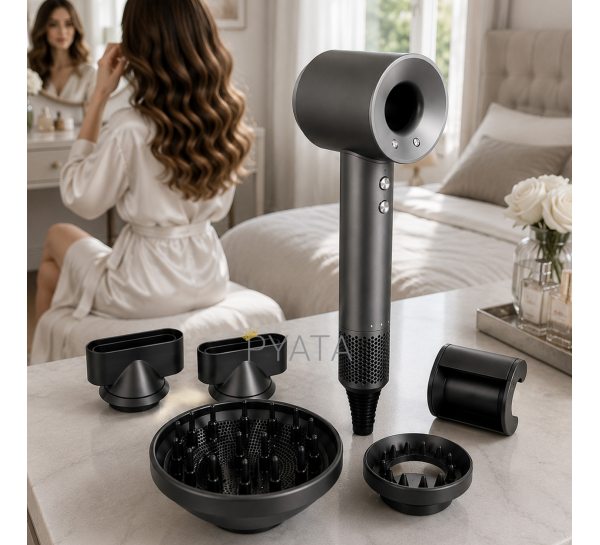 Фен-стайлер HAIR DRYER 5в1 с насадками и ионизацией 1600 Вт для укладки волос, Серый (X05/2870)