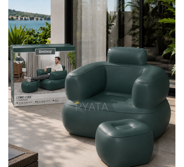 Надувне крісло + пуфик вініл/ПВХ, до 100 кг Bestway 75137 Comfi Cube Lounger 107x99x80 см Зелений (АТ)