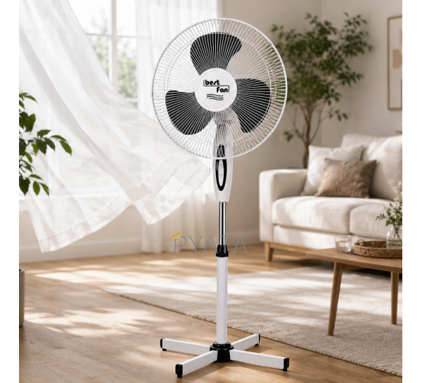 Вентилятор підлоговий 40 см, 3 швидкості, поворотний 90°, регулювання висоти, захисна решітка Bestfan BT-001 Білий (235)