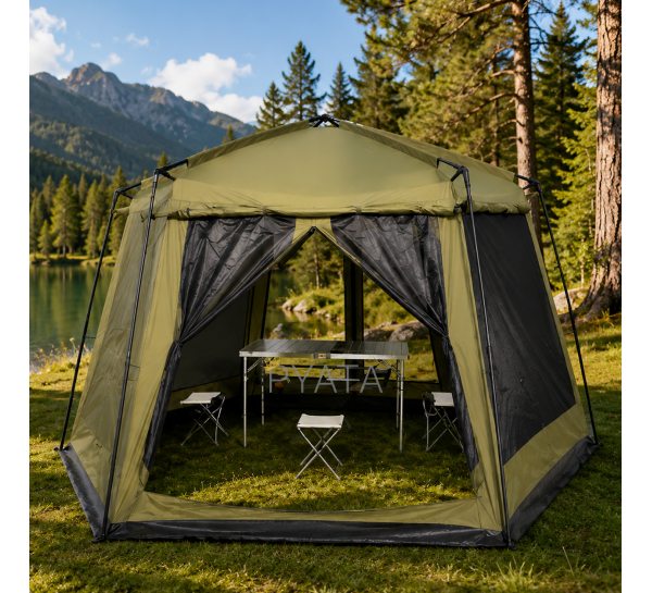 Шатер туристический LANYU LY-1629 шестиугольный 430×430×230 см с москитной сеткой водонепроницаемый хаки (5650)