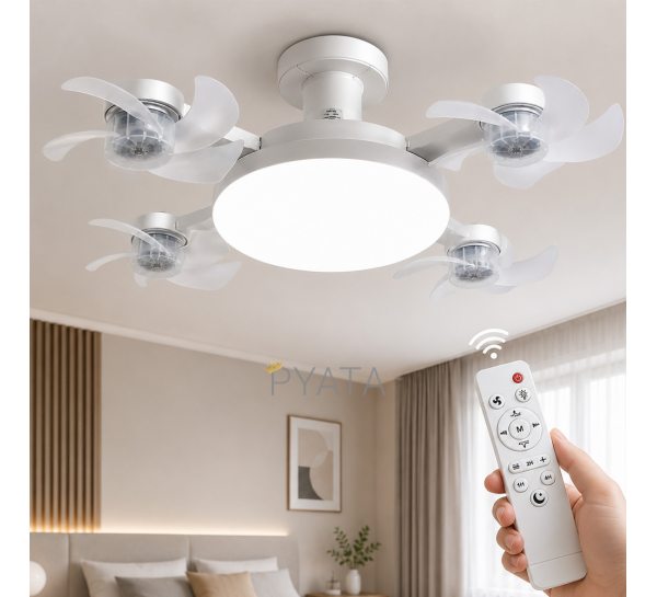Лампа-вентилятор LED AY1053 E27 з пультом, 4 вентилятори, 3 режими світла, 3 швидкості, біла 2в1 (626/1569)
