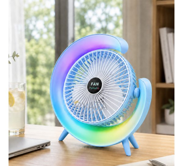 Портативный поворотный вентилятор с RGB-подсветкой A3 настольный аккумуляторный, Голубой (AX)