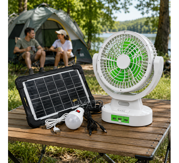 Солнечный настольный аккумуляторный вентилятор 6 дюймов с LED-лампой, USB Type-C, 2 скорости, панель 6V 4W — GDTIMES GD-8022 (АХ)