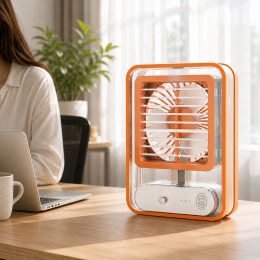 Настільний акумуляторний вентилятор зі зволожувачем повітря LED, USB 4.5W 1500 мА·год, Помаранчевий (AMN)