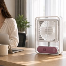 Настільний акумуляторний вентилятор зі зволожувачем повітря LED, USB 4.5W 1500 мА·год, Білий (AMN)