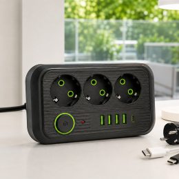Мережевий фільтр Power Socket F09U на 3 розетки з 4 USB та Type-C, кабель 2 м, 2500 Вт, чорний (509/3065)