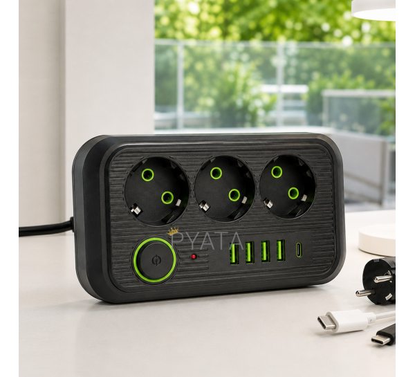 Мережевий фільтр Power Socket F09U на 3 розетки з 4 USB та Type-C, кабель 2 м, 2500 Вт, чорний (509/3065)