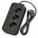 Мережевий фільтр Power Socket F09U на 3 розетки з 4 USB та Type-C, кабель 2 м, 2500 Вт, чорний (509/3065)