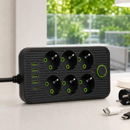 Мережевий фільтр Power Socket F06U на 6 розеток з 4 USB та Type-C, кабель 2 м, 2500 Вт, чорний (509/4705)