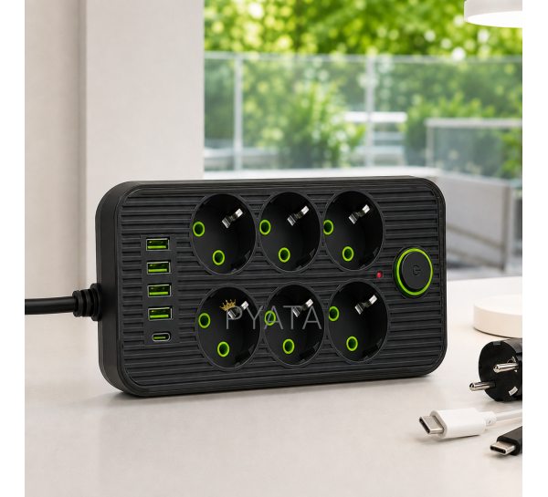 Мережевий фільтр Power Socket F06U на 6 розеток з 4 USB та Type-C, кабель 2 м, 2500 Вт, чорний (509/4705)