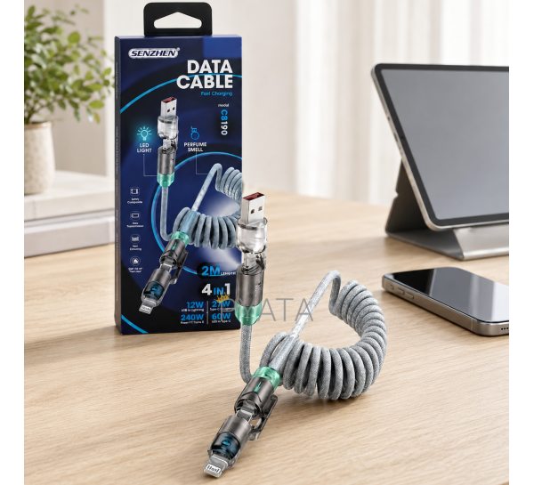 Кабель 4 в 1 USB-A/Type-C — Lightning/Type-C 26X-208, швидка зарядка до 240 Вт, спіральний, 2 м (509/5095)