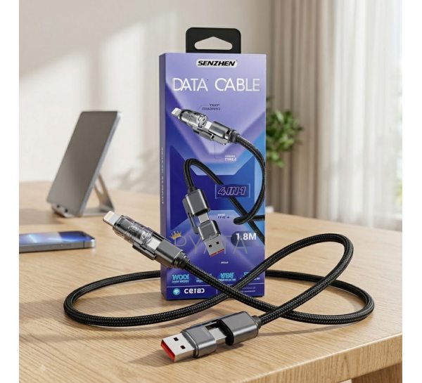 Кабель міцний SENZHEN 4-в-1 1,8 м 100 Вт USB-A Type-C Lightning, швидке зарядження 26X-197(509/5096)