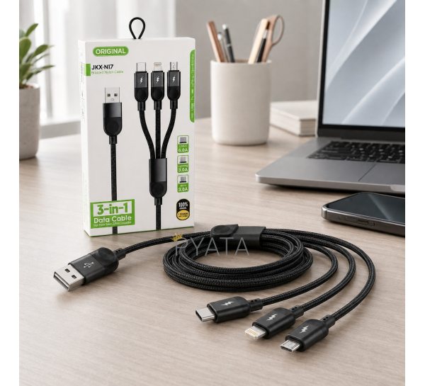 Кабель 3 в 1 USB-A - Type-C, Lightning, Micro USB, быстрая зарядка до 6A, 1,2 м, 26X-202 (509/5089)