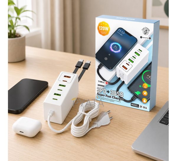 Мережевий зарядний пристрій 120 Вт 26X-203 на 6 портів, 3 USB + 3 Type-C, швидка зарядка для гаджетів (509/5090)