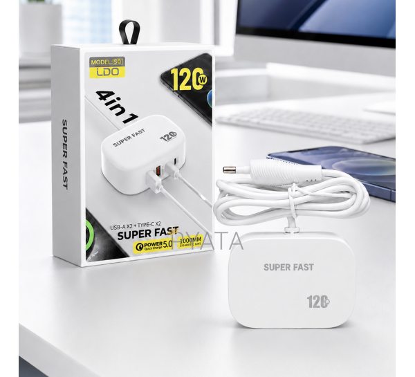 Сетевое зарядное устройство 120 W 4 в 1, 2×USB-A + 2×USB-C, быстрая зарядка 26X-206 (509/5093)