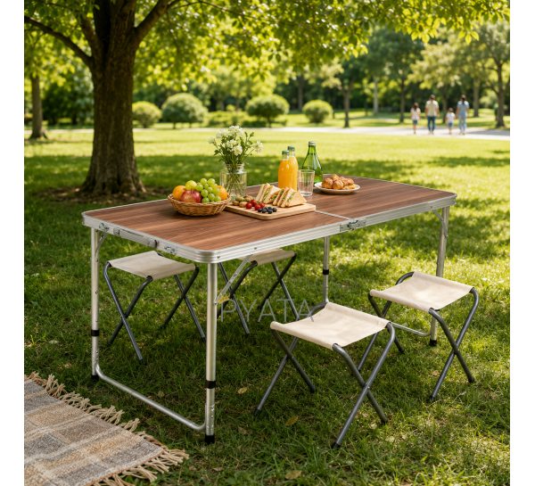 Стіл та стільці для пікніка Folding Table Темний Дуб 120×60 см регульований алюмінієвий комплект 4 стільці