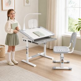 Дитяча парта FunDesk Littonia Grey зі стільцем, лампою та підставкою для книг, регульована сіра 26X-150 (509/4625)