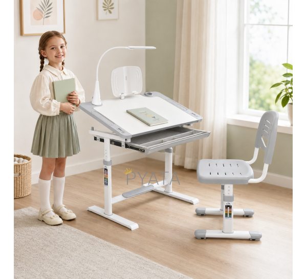 Дитяча парта FunDesk Littonia Grey зі стільцем, лампою та підставкою для книг, регульована сіра 26X-150 (509/4625)