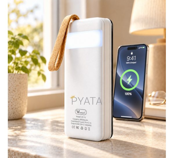 Powerbank Viaking T159 30000 mAh с LED-фонариком, 4 USB, Type-C, micro-USB и Lightning, Белый (AMN)