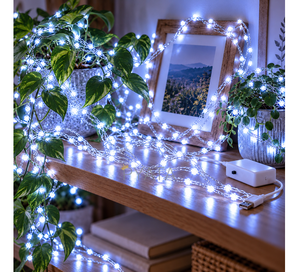 Світлодіодна гірлянда нитка для декору 50 LED, гнучкий дріт, Роса 5 м, батарейки + USB Блакитний (ARSH/A28)