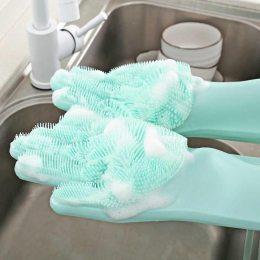 Силіконові рукавички для миття і чищення Magic Silicone Gloves з ворсом Мятні
