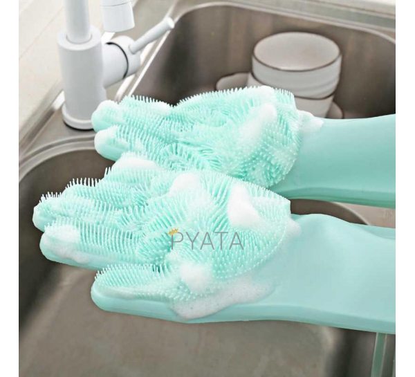 Силіконові рукавички для миття і чищення Magic Silicone Gloves з ворсом ятні