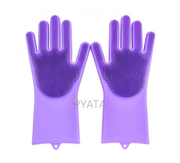 Силіконові рукавички для миття і чищення Magic Silicone Gloves з ворсом Бузкові