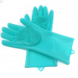 Силиконовые перчатки для мытья и чистки Magic Silicone Gloves с ворсом Светло-голубые