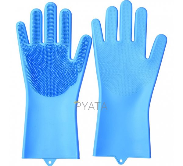 Силиконовые перчатки для мытья и чистки Magic Silicone Gloves с ворсом Голубые