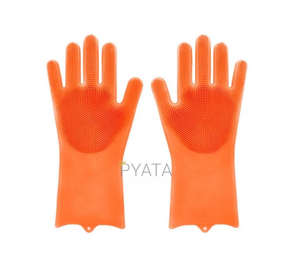 Силиконовые перчатки для мытья и чистки Magic Silicone Gloves с ворсом Оранжевые