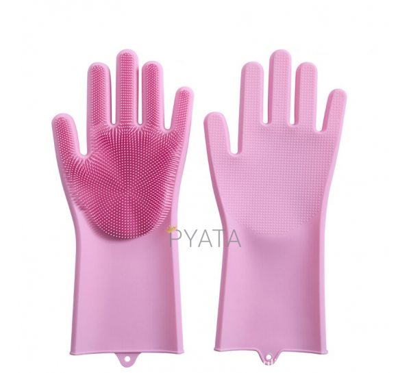 Силіконові рукавички для миття і чищення Magic Silicone Gloves з ворсом Рожеві