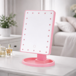 Настільне дзеркало для макіяжу Mirror c LED підсвічуванням 16 діодів квадратне Рожевий (JM/7591)