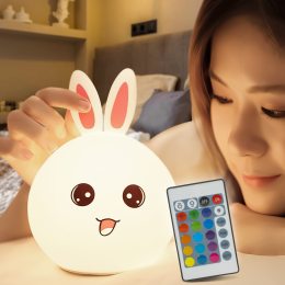 Силиконовый сенсорный ночник с пультом 16 цветов Кролик с ушками Розовый