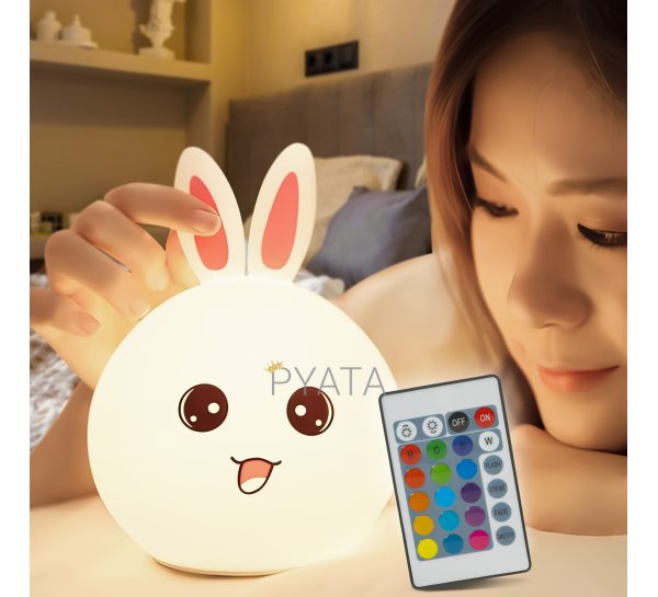 Силиконовый сенсорный ночник с пультом 16 цветов Кролик с ушками Розовый