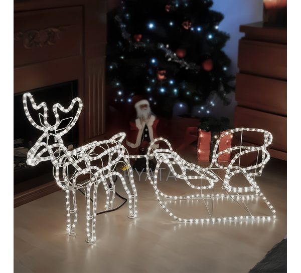 Новогодняя светящиеся светодиодная фигура из гирлянд дюралайта "Новогодний олень с санями" Белый (2024)