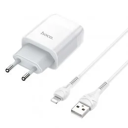 Зарядный адаптер HOCO C73A  EU штекер два USB порта и набор с кабелем Lightning  206